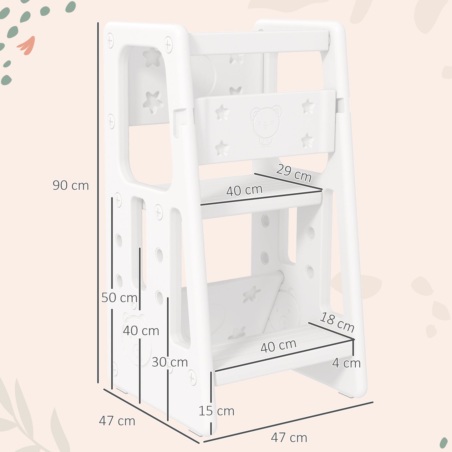 HOMCOM Kids Step Stool, Adjustable Standing Platform, Toddler Kitchen Stool, White