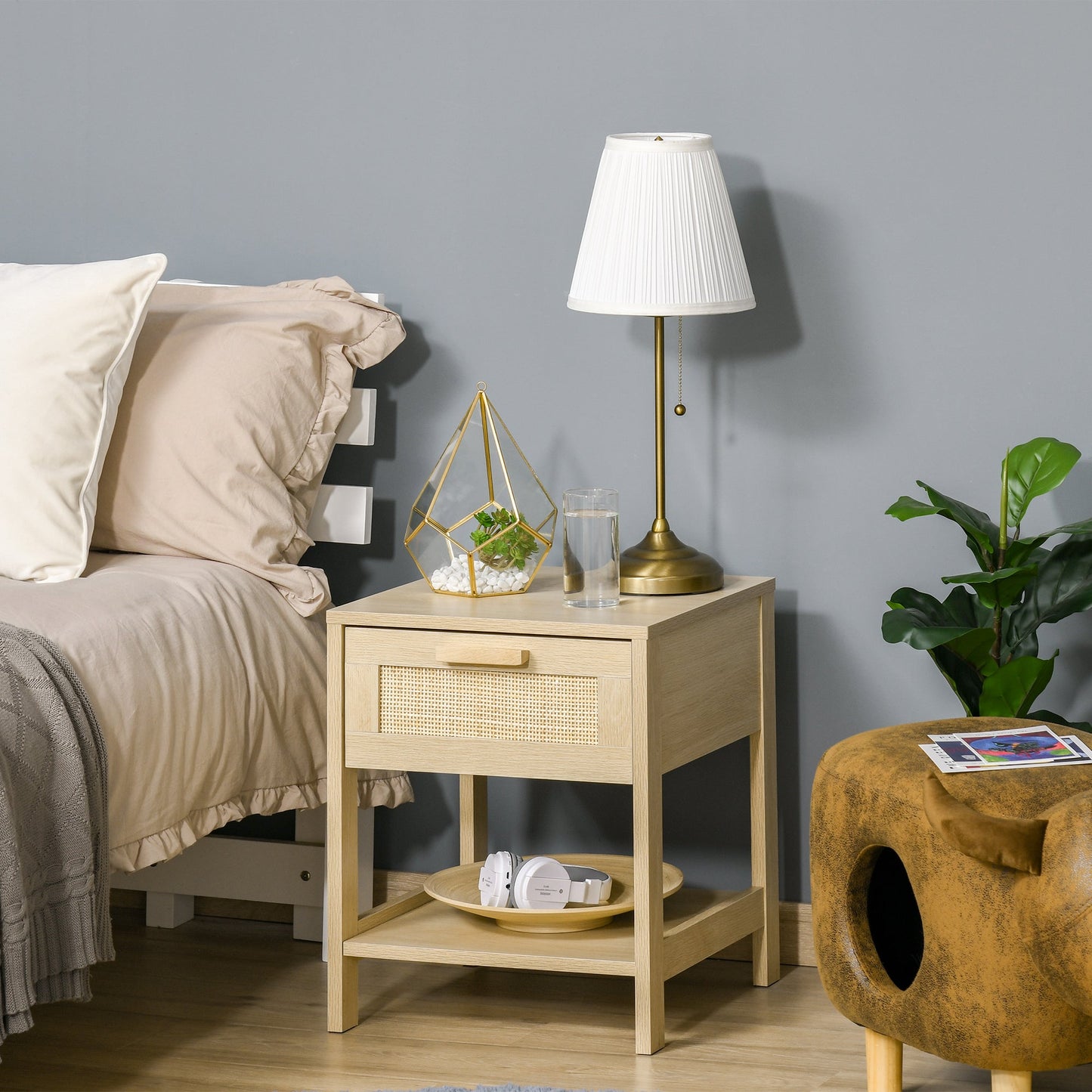 HOMCOM Chest of Drawer and Nightstands, Boho Rattan Furniture Set, Nature Wood Finish