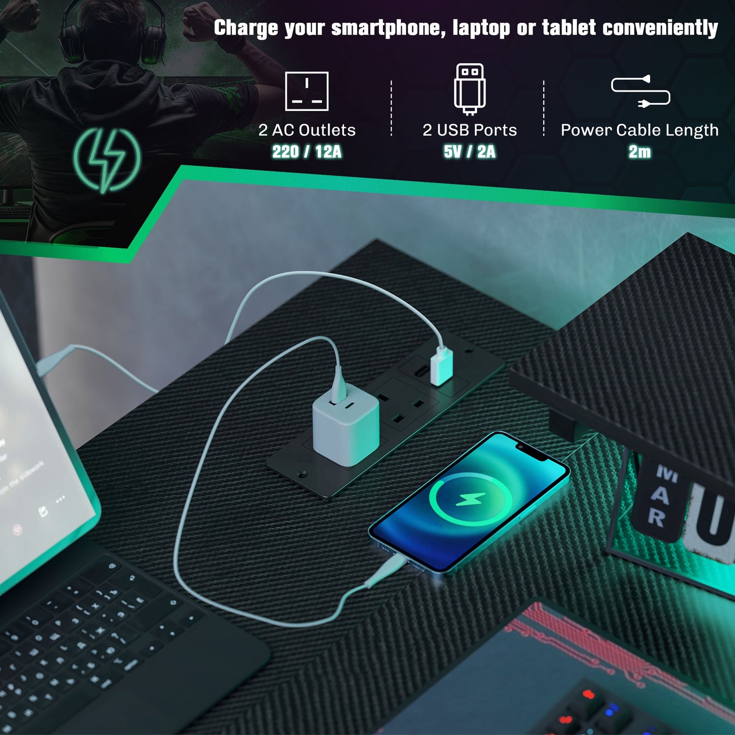مكتب ألعاب/عمل على شكل حرف "L" قابل للعكس بإضاءة LED من HOMCOM - أسود