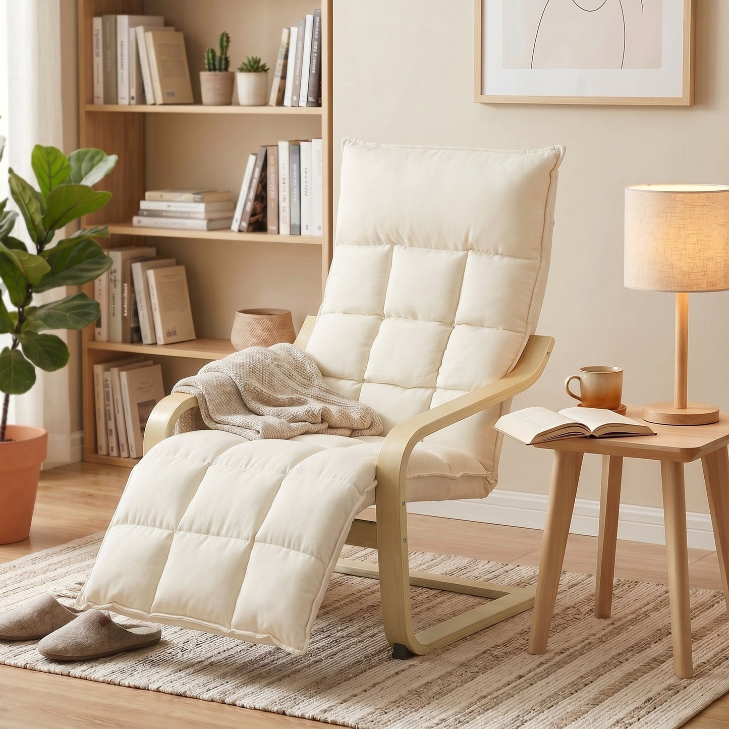 HOMCOM Modern Accent Chair, Leisure Lounge Chair Armchair with Footrest, Plush Cushion, Curved Legs and Arms, Cream White