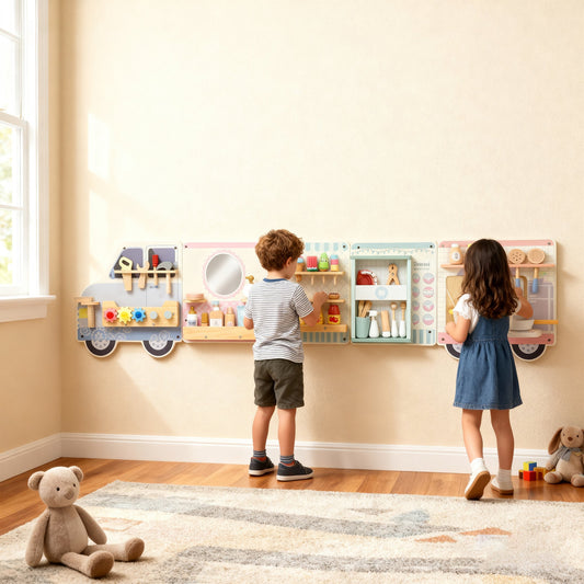 AIYAPLAY Wooden Busy Board, 5 in 1 Activity Wall Panels for Kids 3+ Years, for Daycare, Playroom, Home