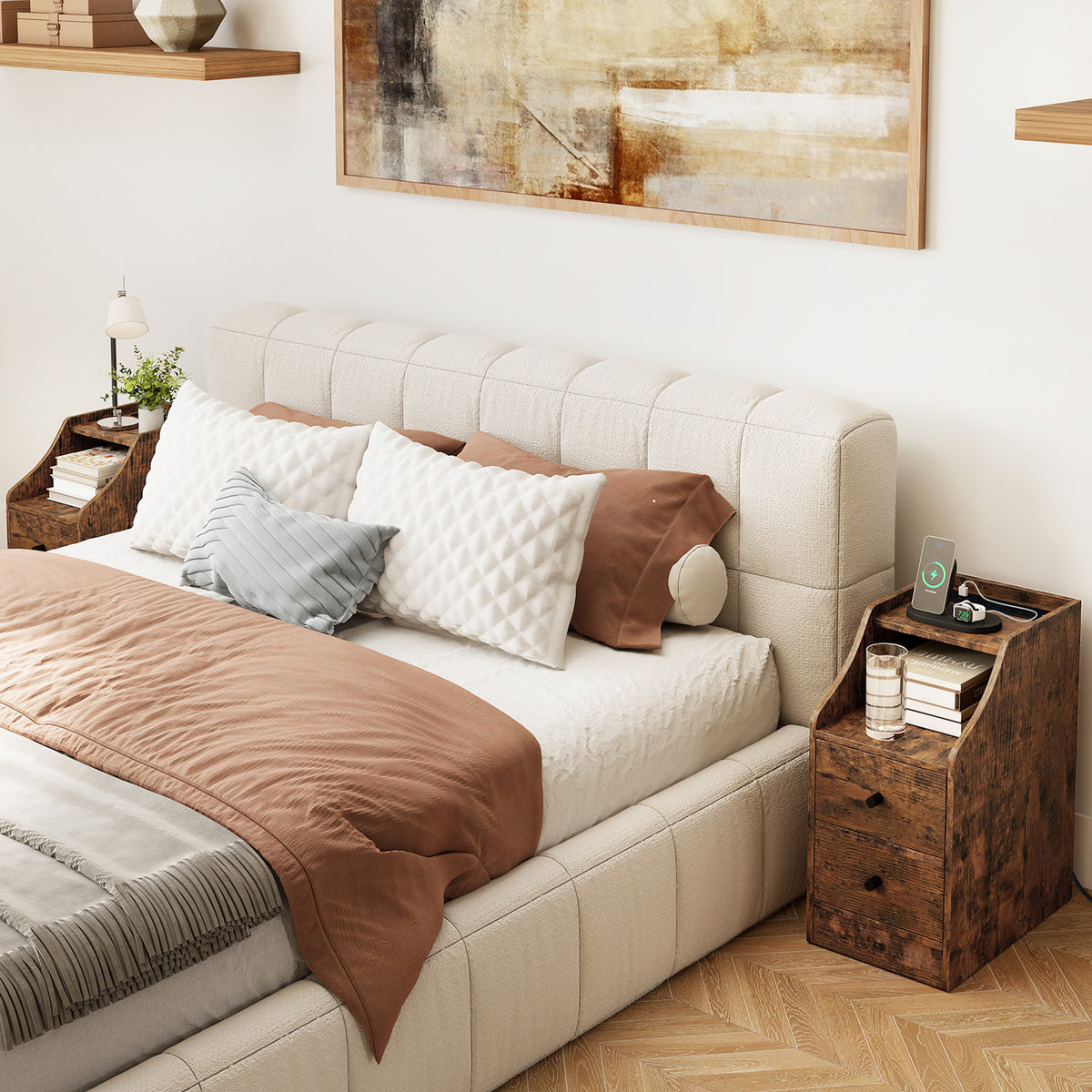 End Table with Charging Station and Storage Drawers for Small Space Living Room Bedroom-Rustic Brown