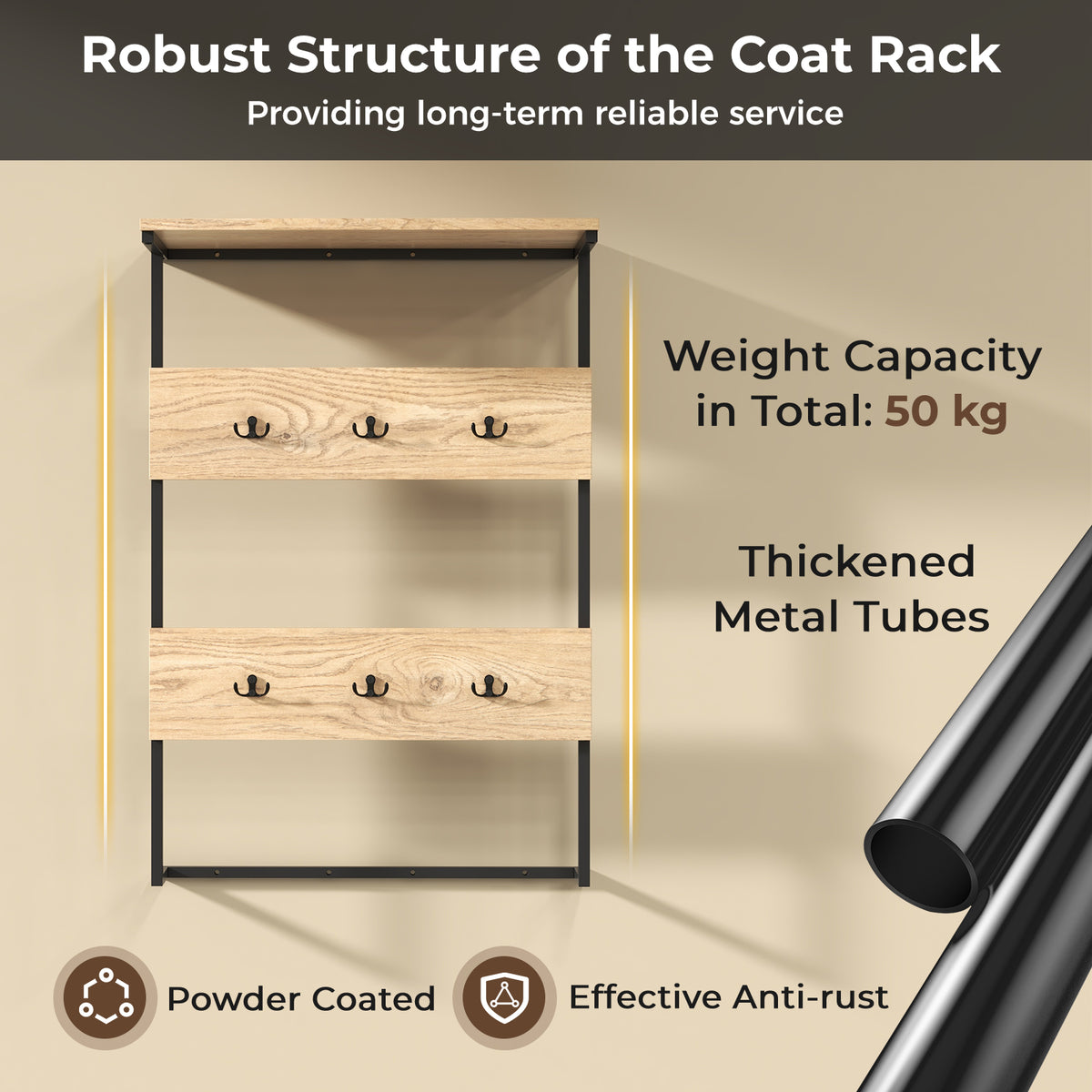 Entryway Wall Coat Rack with 6 Hooks and Display Shelf-Natural