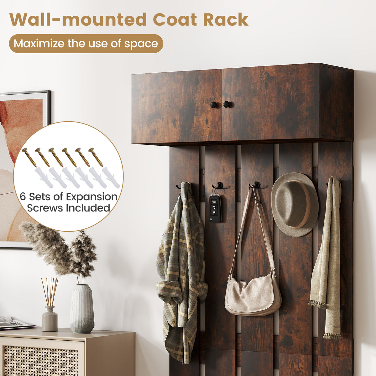 Entryway Wall Mounted Coat Rack Coat Rack with 5 Double Hooks and 2-Door Cabinet-Coffee