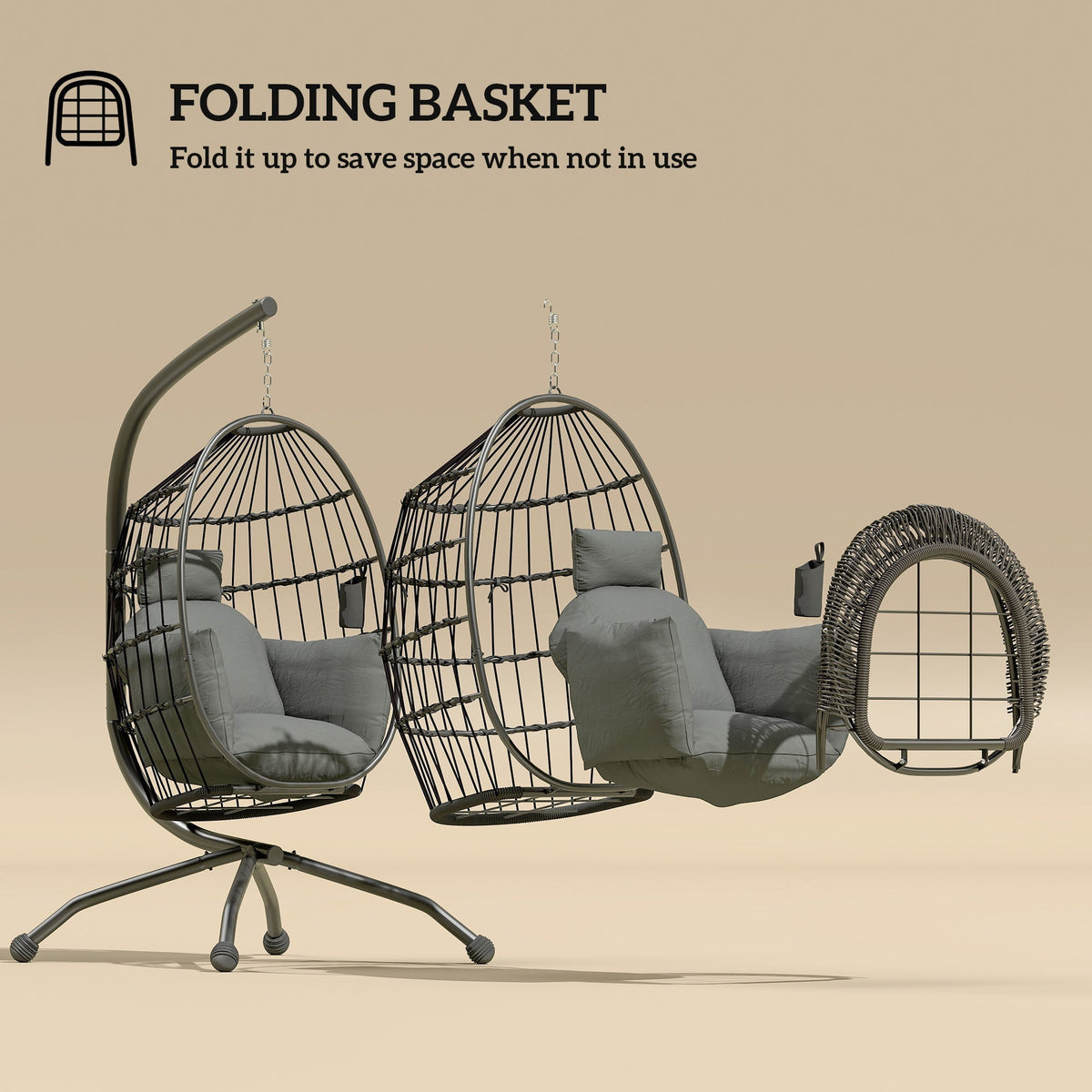 Outsunny Hanging Egg Chair Outdoor Indoor Garden Swing Chair with Folding Basket and Thickened Cushion, Garden Hanging Chair with Stand, Headrest, Cup Holder for Patio, Balcony, Dark Grey