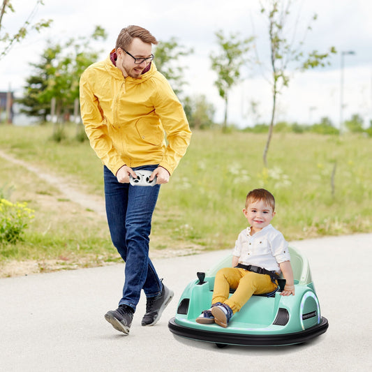 AIYAPLAY 360 Rotation Kids Bumper Car, 12V Waltz Car with Remote Control, Dual Joystick, Music, Lights, Green