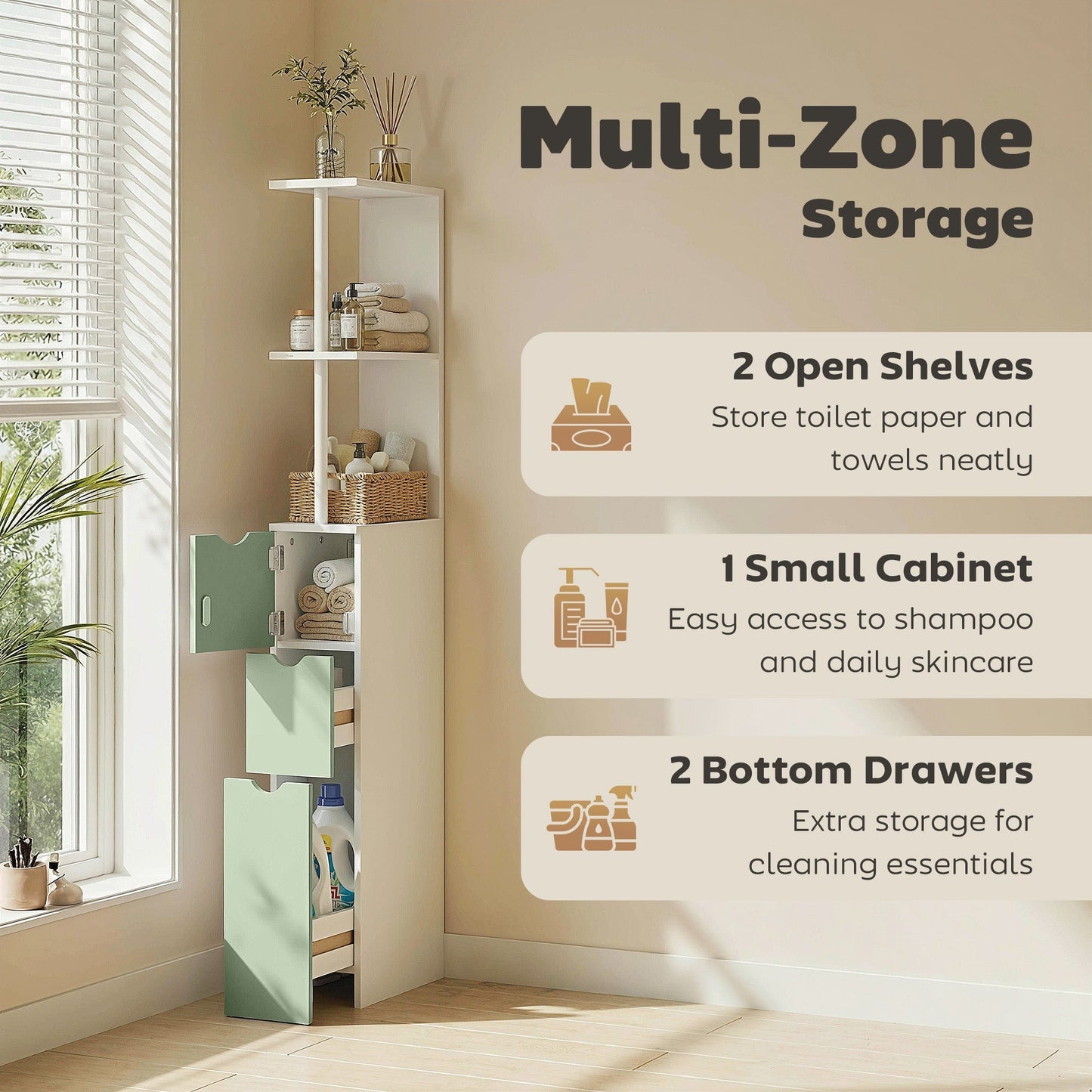 HOMCOM Slim Bathroom Storage Cabinet, Tall Bathroom Floor Cabinet with 2-Tier Shelf and 2 Drawers, White and Light Green