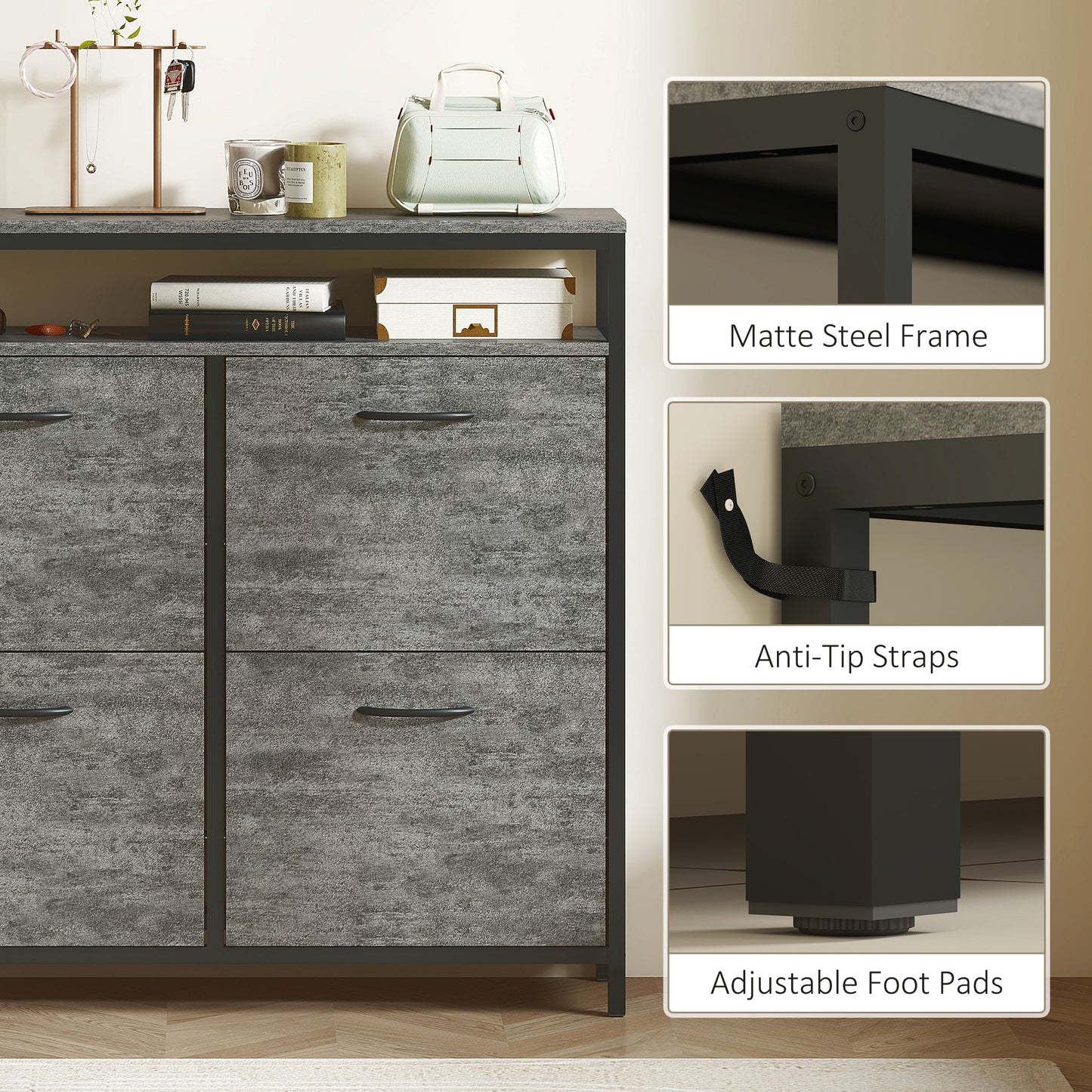 HOMCOM Shoe Storage Cabinet with 4 Flip Drawers and Open Shelf - Cement Grey