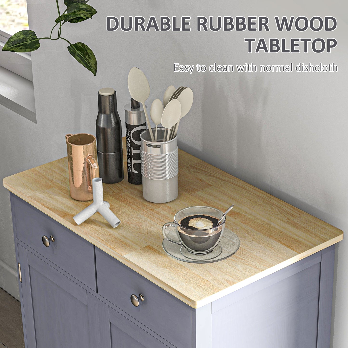 HOMCOM Side Storage Multi-use Sideboard Table Kitchen Floor Cabinet with Solid Wood Top, Adjustable Shelf, Drawer, Grey
