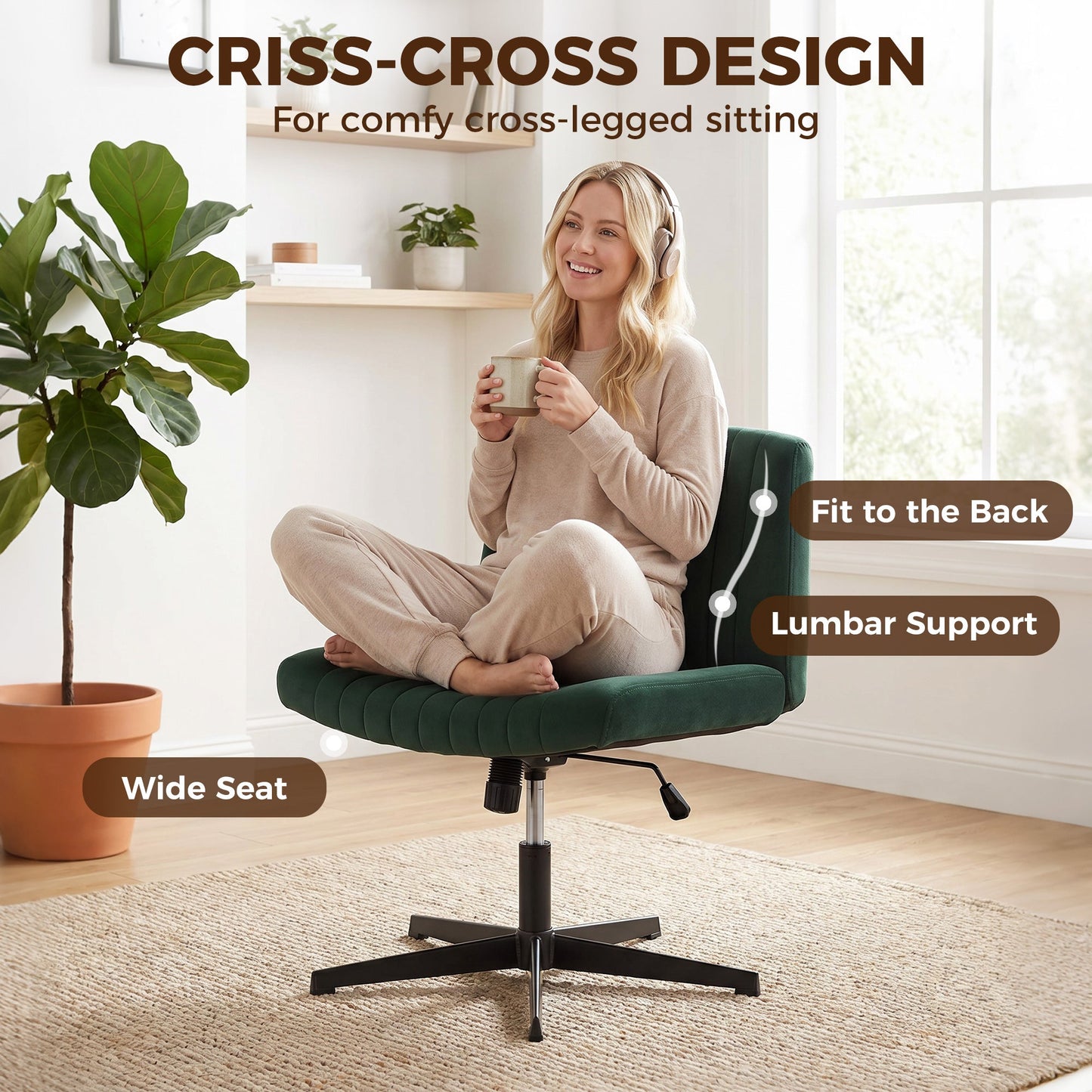 HOMCOM Flannel Criss Cross Legged Desk Chair, Armless Office Chair No Wheels, Green