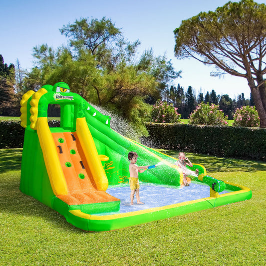قلعة نطاطة للأطفال من Outsunny، قلعة قابلة للنفخ كبيرة بتصميم تمساح 5 في 1 مع زلاقة ومنطقة لعب كرة السلة ومسبح مائي ومدفع مياه وجدار تسلق، مع منفاخ وهدية حقيبة حمل للأطفال من سن 3-8 سنوات، 3.85 × 2.85 × 2.25 متر