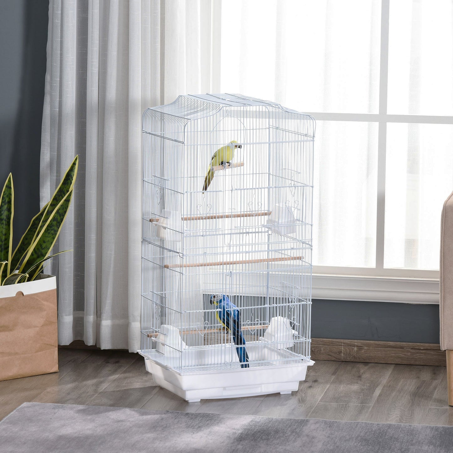 PawHut Large Metal Bird Cage with Stand, Perches, Food Bowls, Swing, for Budgies, Parakeets,White