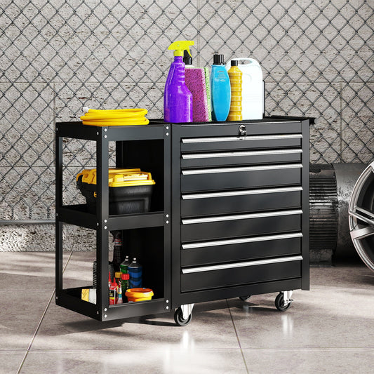 HOMCOM Lockable Steel Tool Chest on Wheels, 7 Drawer Tool Box with Handle for Workshop, Garage, Black
