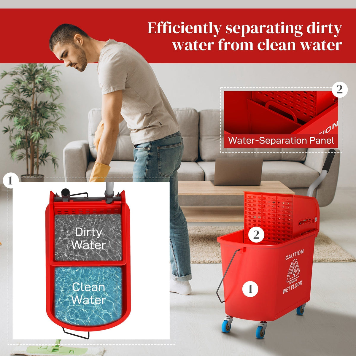 HOMCOM 20L Compact Mop Bucket on Wheels, with Water Separation Panel - Red