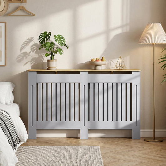HOMCOM Slatted Radiator Cover, Painted Cabinet with Line Grill Design, 152L Ã 19W Ã 81H cm, Grey