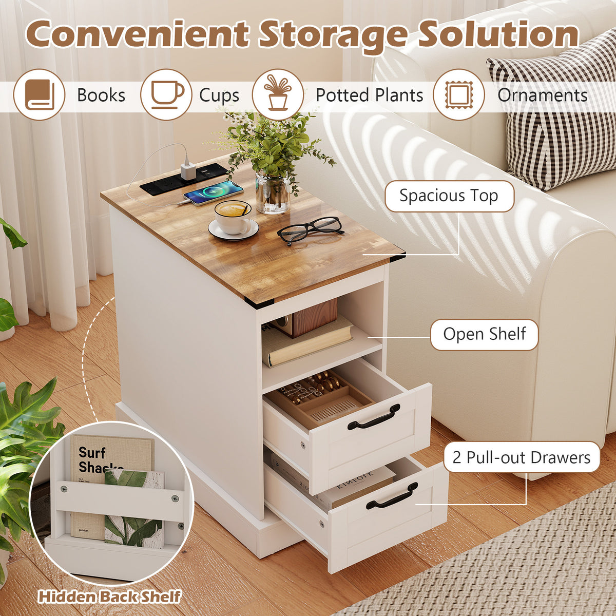 Farmhouse Nightstand with Charging Station and 2 Drawers-White