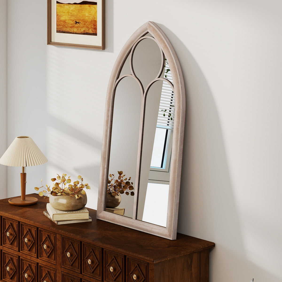 Farmhouse Window Pane Mirror Large Arched Wall Mounted Mirror with Metal Frame-Grey