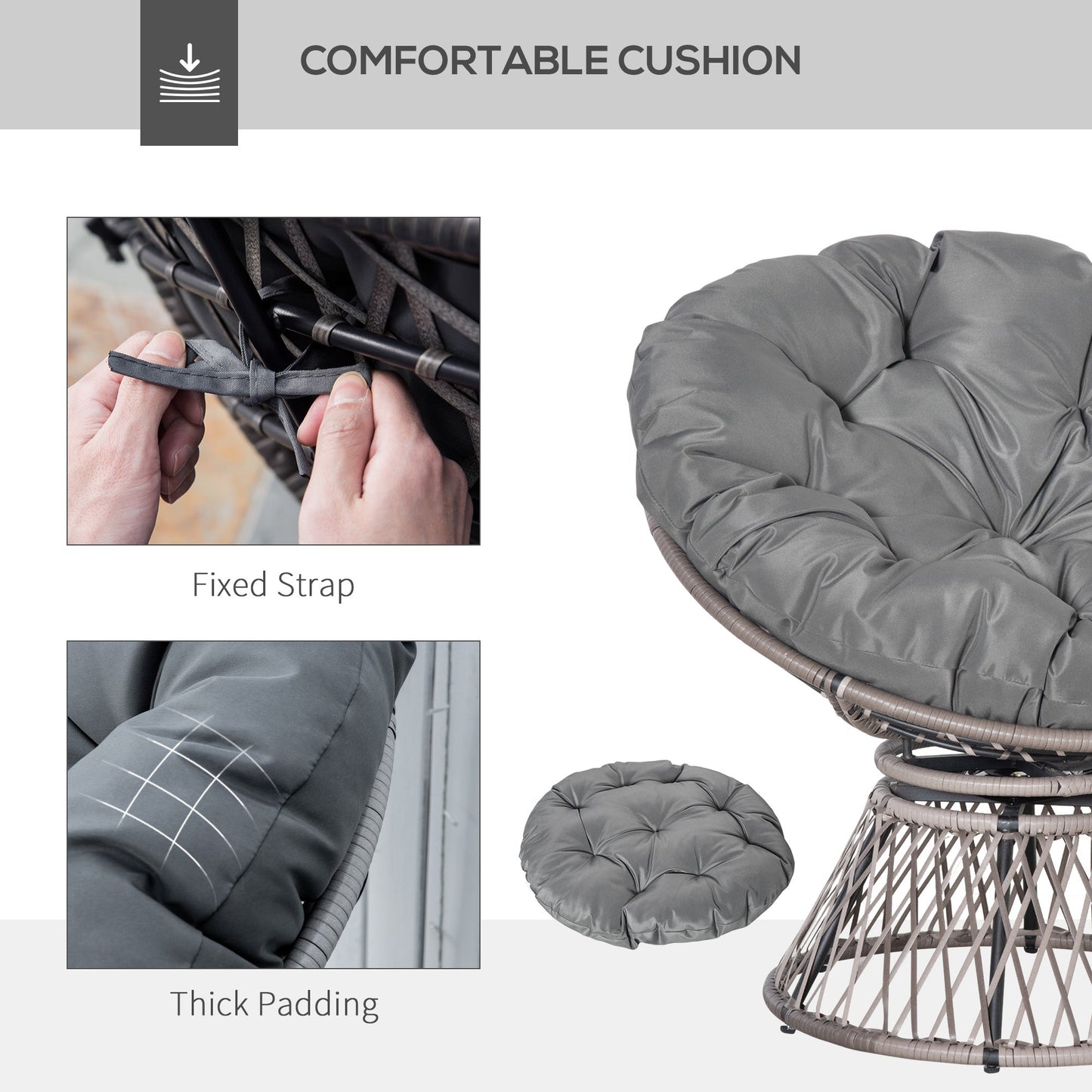 Outsunny 360 degrees Swivel Rattan Papasan Moon Bowl Chair Round Lounge Garden Wicker Basket Seat with Padded Cushion Oversized for Outdoor Indoor, Grey