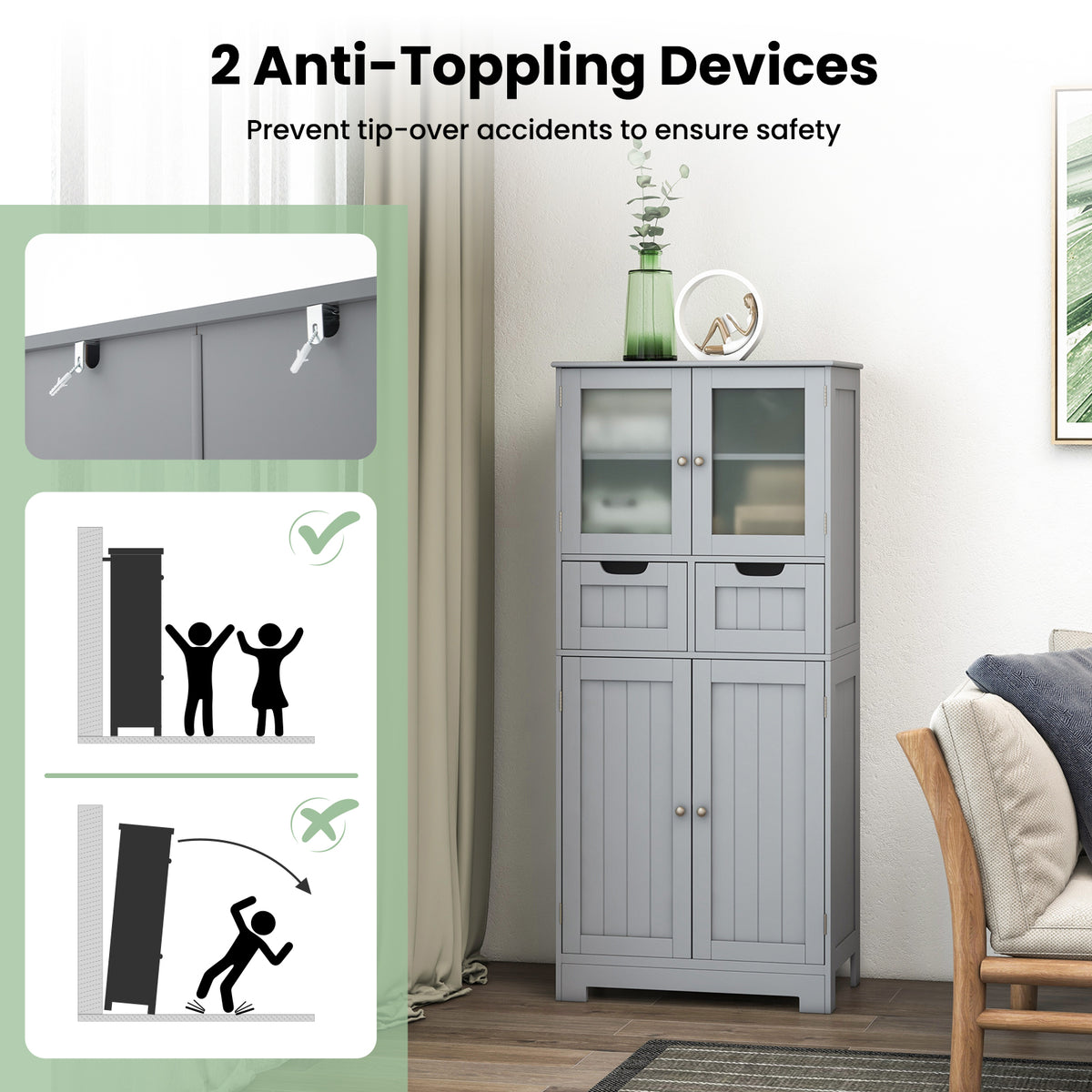 Floor Storage Cabinet with 2 Glass Doors, 2 Drawers and Adjustable Shelves-Grey