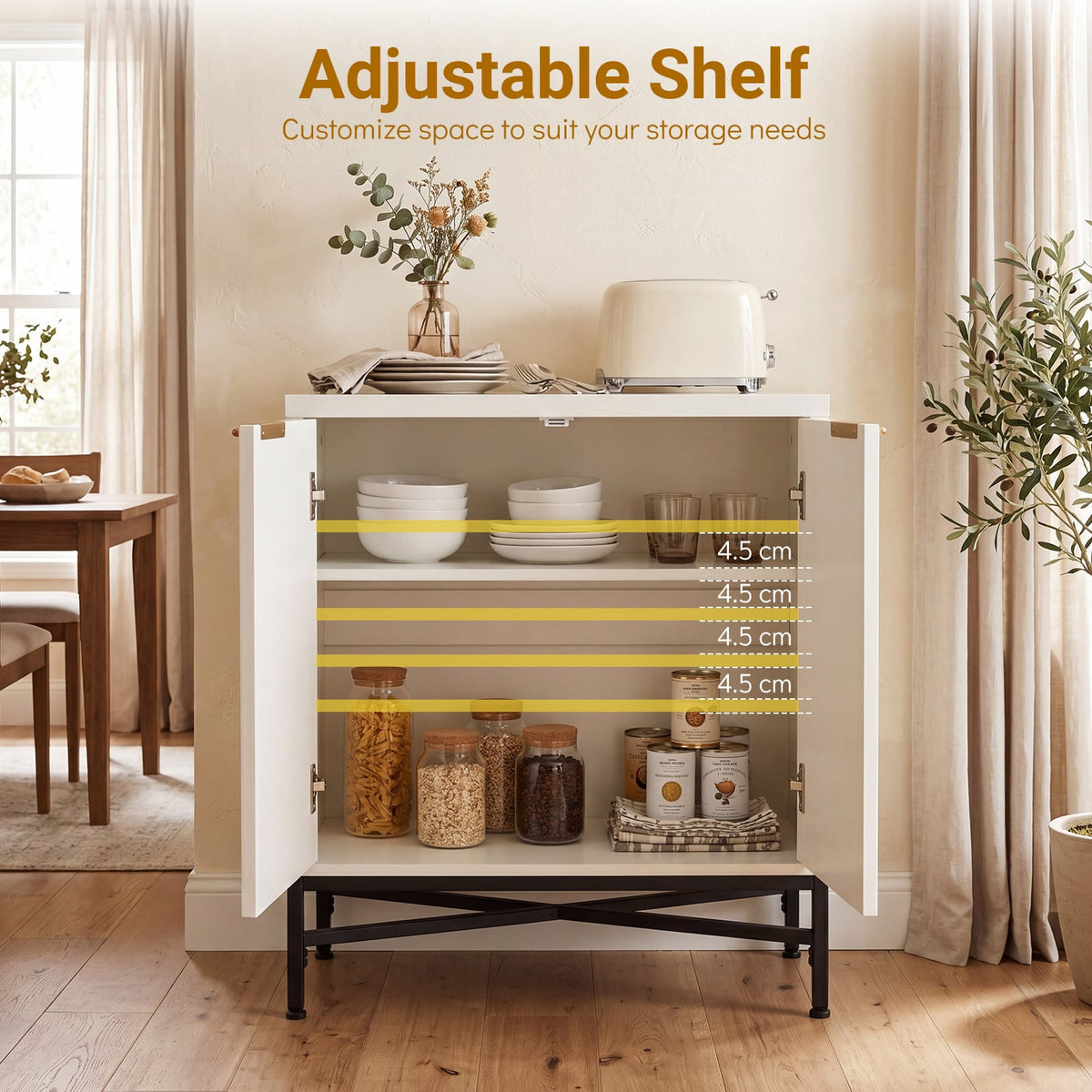 Fluted Sideboard Buffet Cabinet with 2 Doors and Adjustable Shelf-White