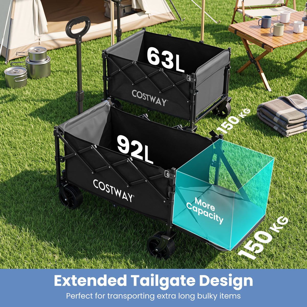 Foldable Transport Trolley 63-92L with Large All-Terrain Wheels for Beach Camping Picnic-Black