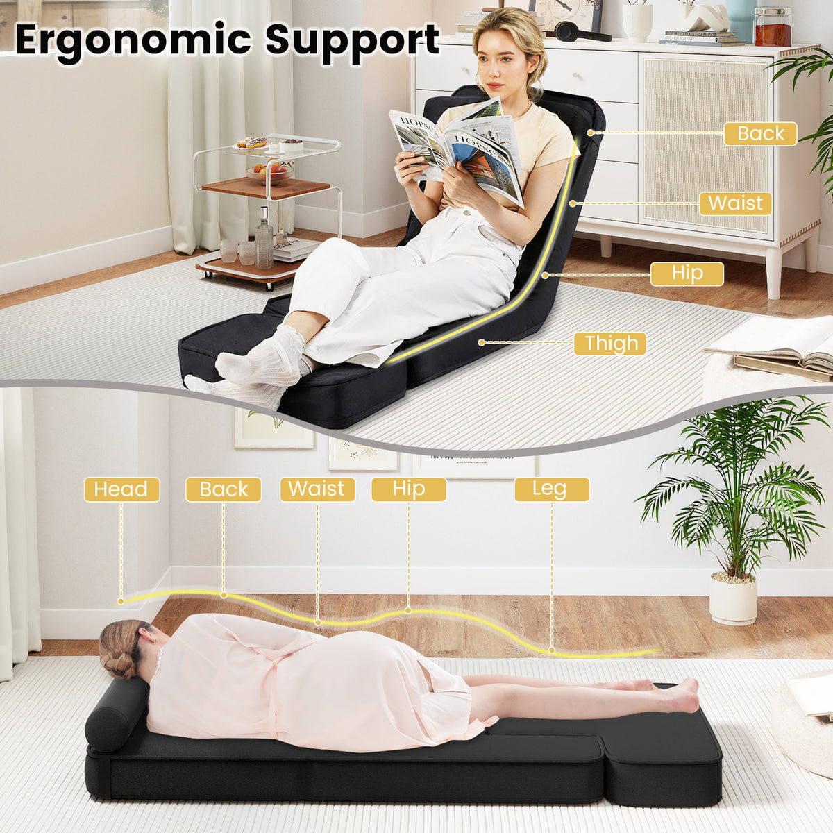 Foldable Lazy Sofa 5-Level Adjustable with Footrest and Tabletop-Black