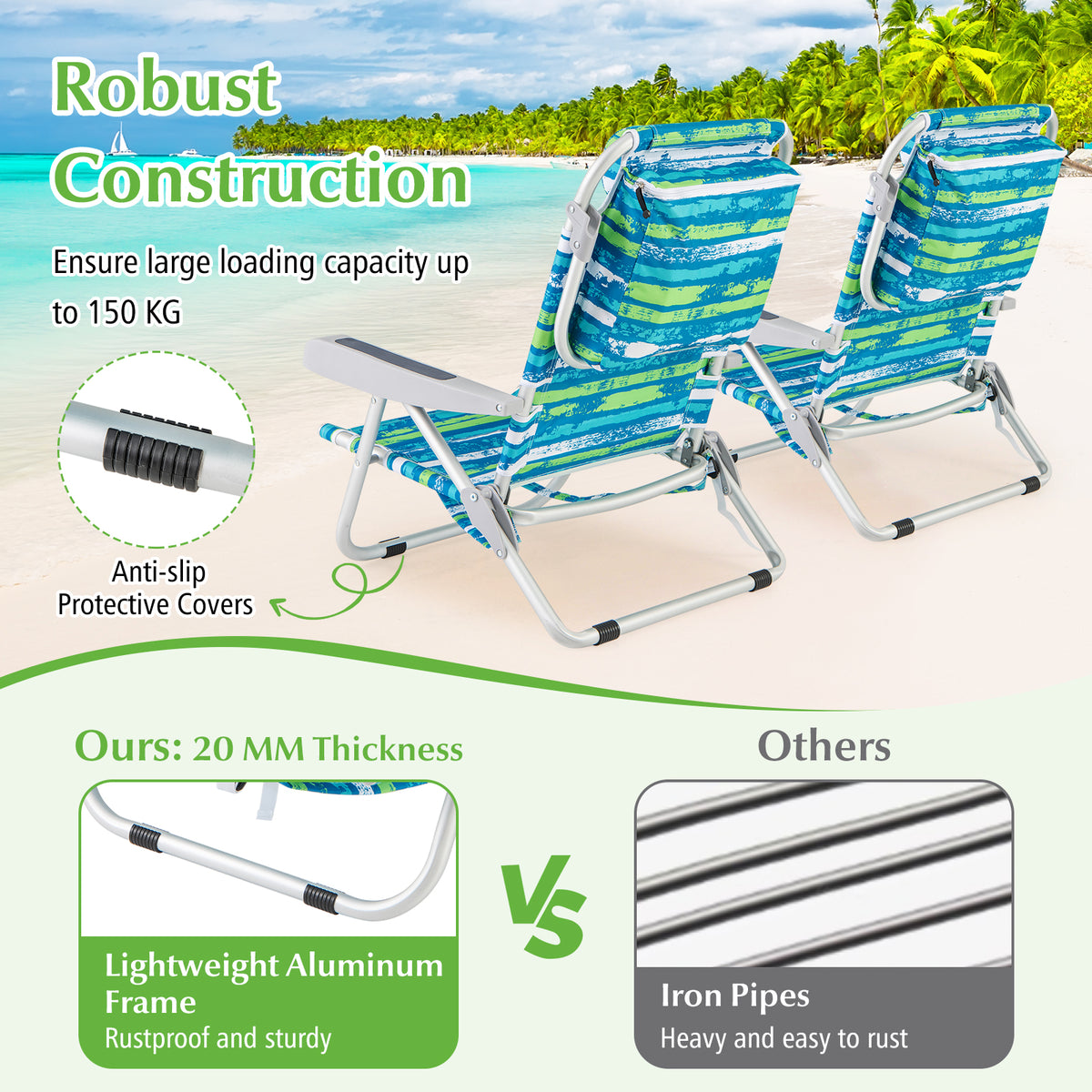 Folding Lay Flat Beach Chair with 5-Position Backrest-Blue & Green