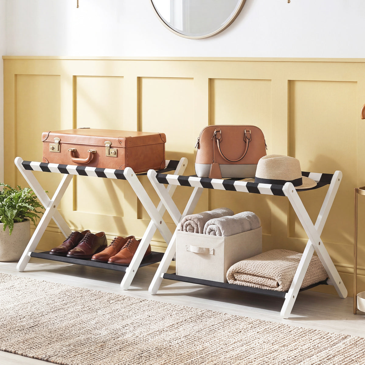 Folding Luggage Rack Solid Rubberwood Suitcase Stand with Nylon Shelves-White
