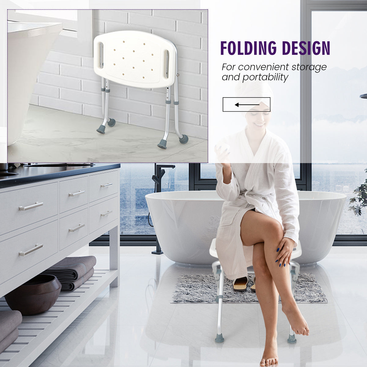 Folding Portable Shower Seat with Adjustable Height for Bathroom White