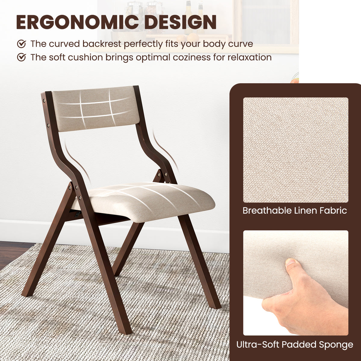 Folding Dining Chair Set of 2 with Solid Wood Frame and Padded Seat-Beige