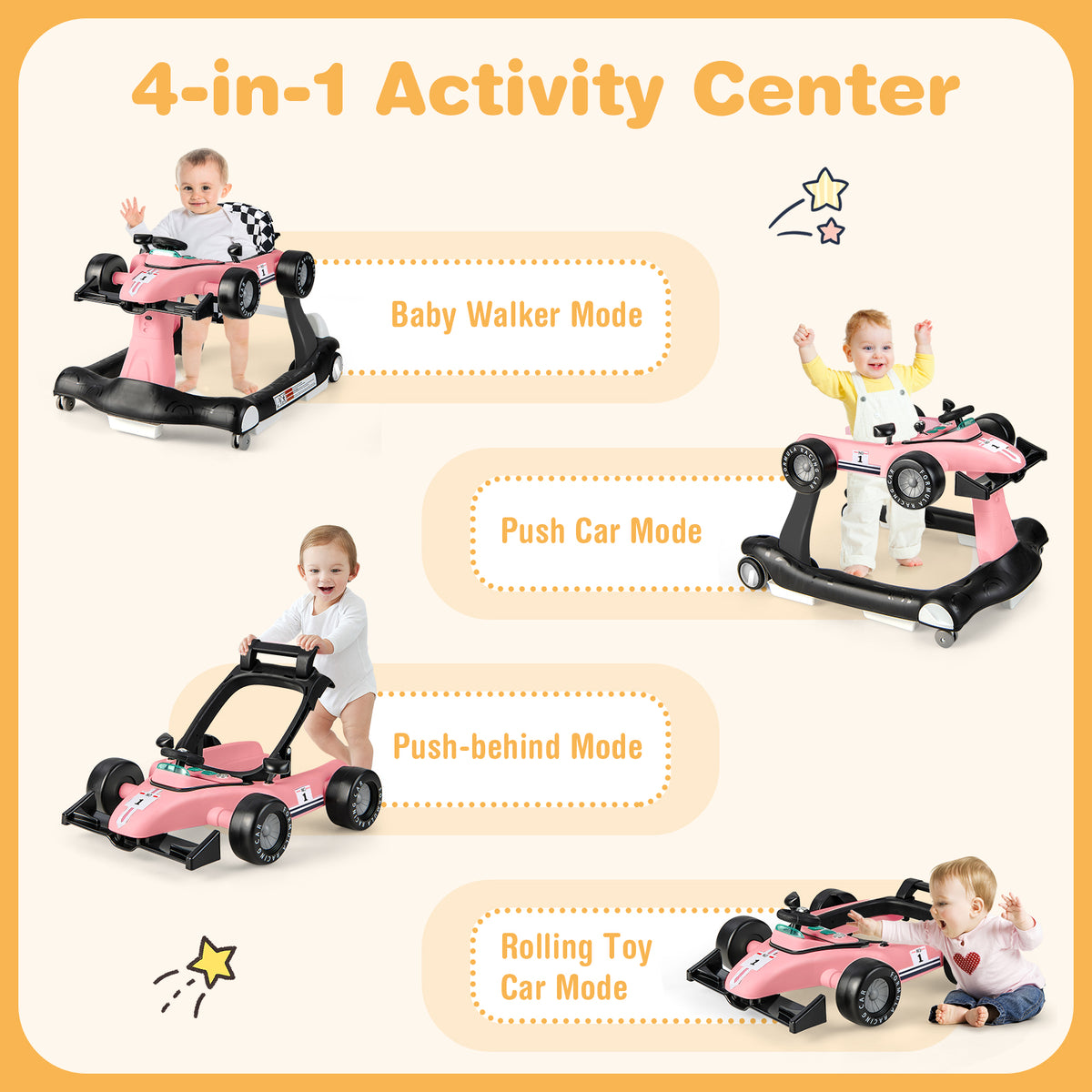 4-in-1 Baby Push Walker with Adjustable Height and Speed-Light Pink
