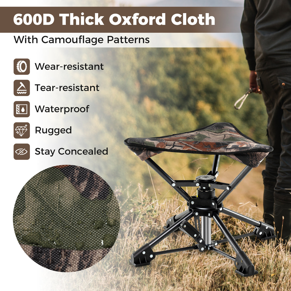 Folding Swivel Camping Hunting Stools with Anti-Sink Feet and Carry Bag-Camouflage