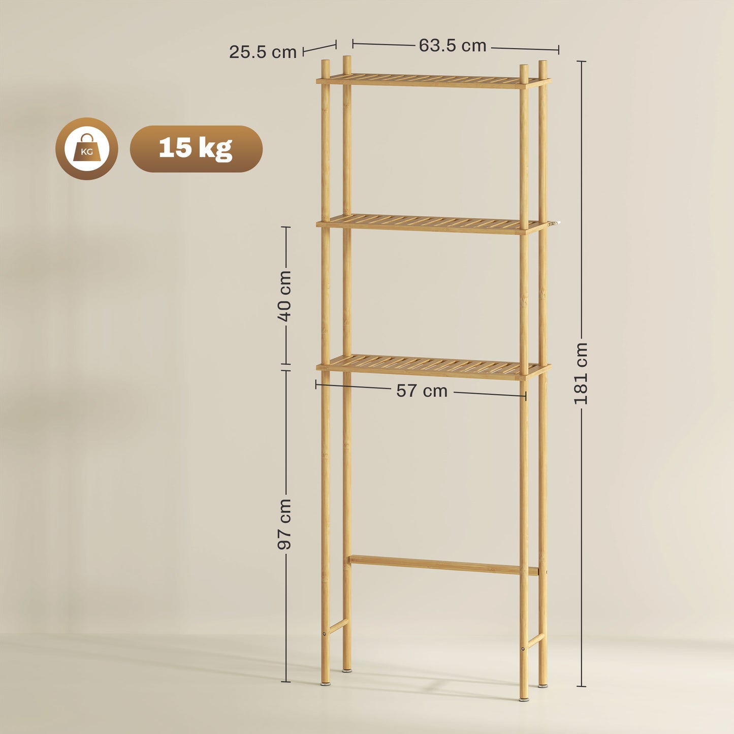 HOMCOM Bamboo Over Toilet Storage Unit with 3 Slatted Shelves, 3-Tier Freestanding Bathroom Shelf, Bathroom Space Saver, Natural Wood Finish