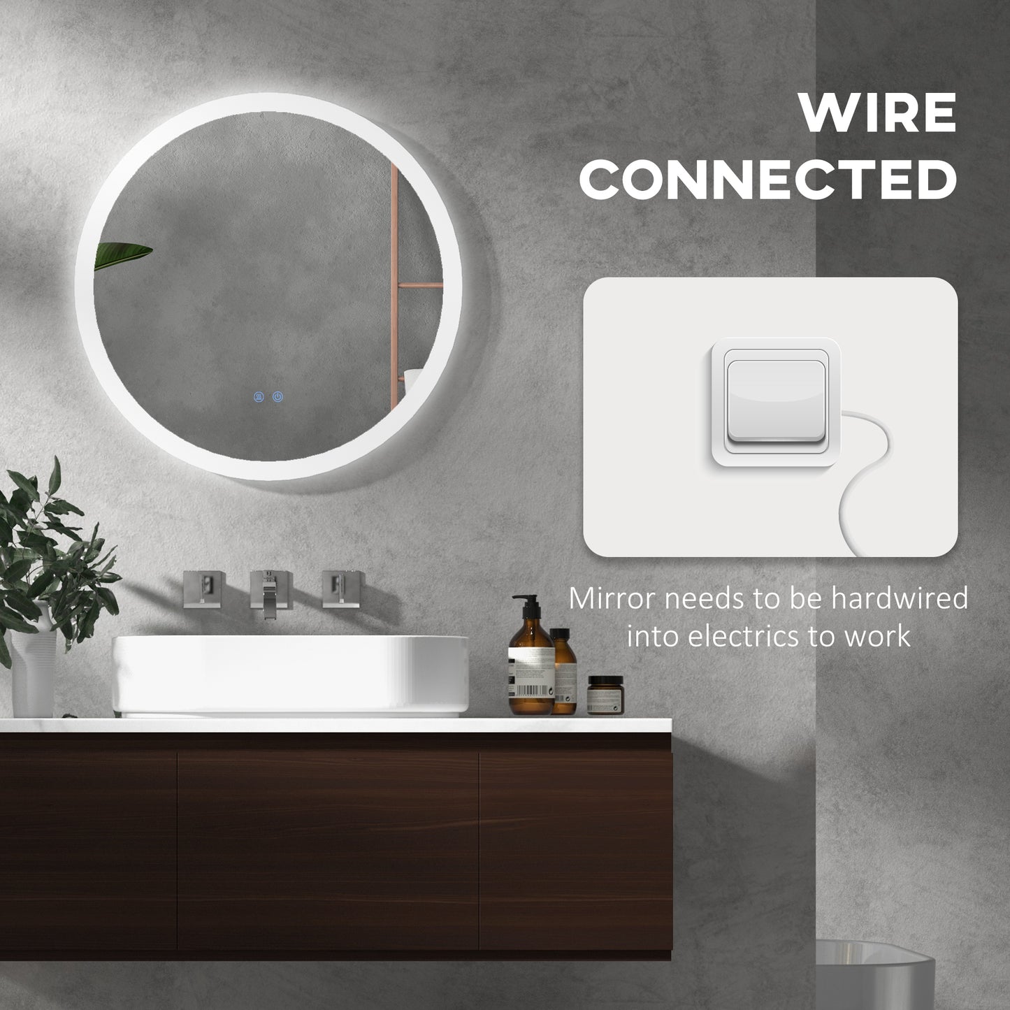kleankin Round Bathroom Mirror with LED Lights, Wall-Mounted Dimmable Makeup Mirror with 3 Temperature Colours, Defogging Film, Memory Function, Hardwired, 60 x 60Â cm