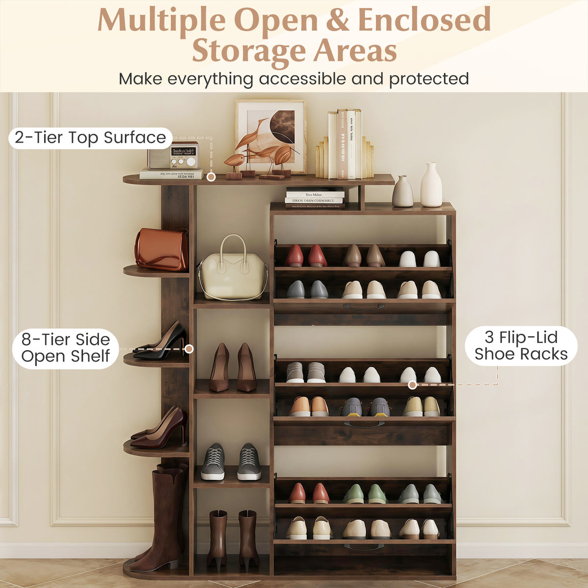 Freestanding Shoe Organizer with 3 Flip Drawers and 8 Adjustable Drawer Shelves-Rustic Brown
