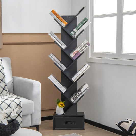 The black tree bookshelf with drawer in a living room setting, next to a sofa and window