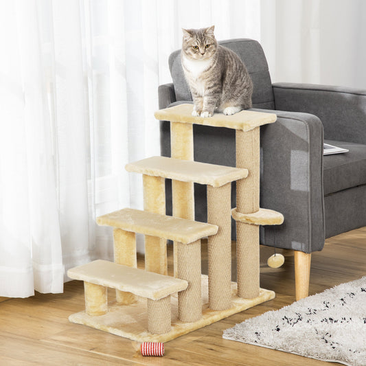 PawHut 4-step Pet Stairs with Scratching Posts, Platforms, Toy Ball, Beige