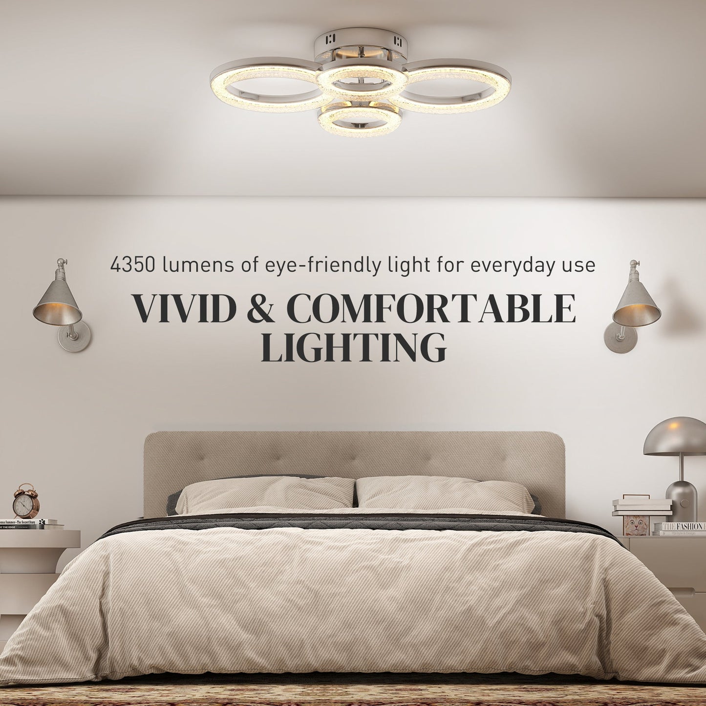 HOMCOM LED Ceiling Light, Modern 4 Rings Ceiling Lamp with Wall Switch Control, 40W 4350lm Flush Mount Ceiling Light with 3500K/4500K/6000K Colour Temperatures for Living Room, Bedroom, Silver Tone