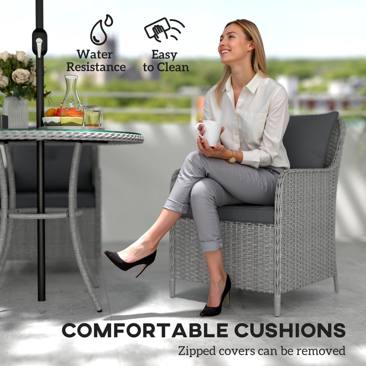 Outsunny 4 Seater Rattan Dining Set in Light Grey