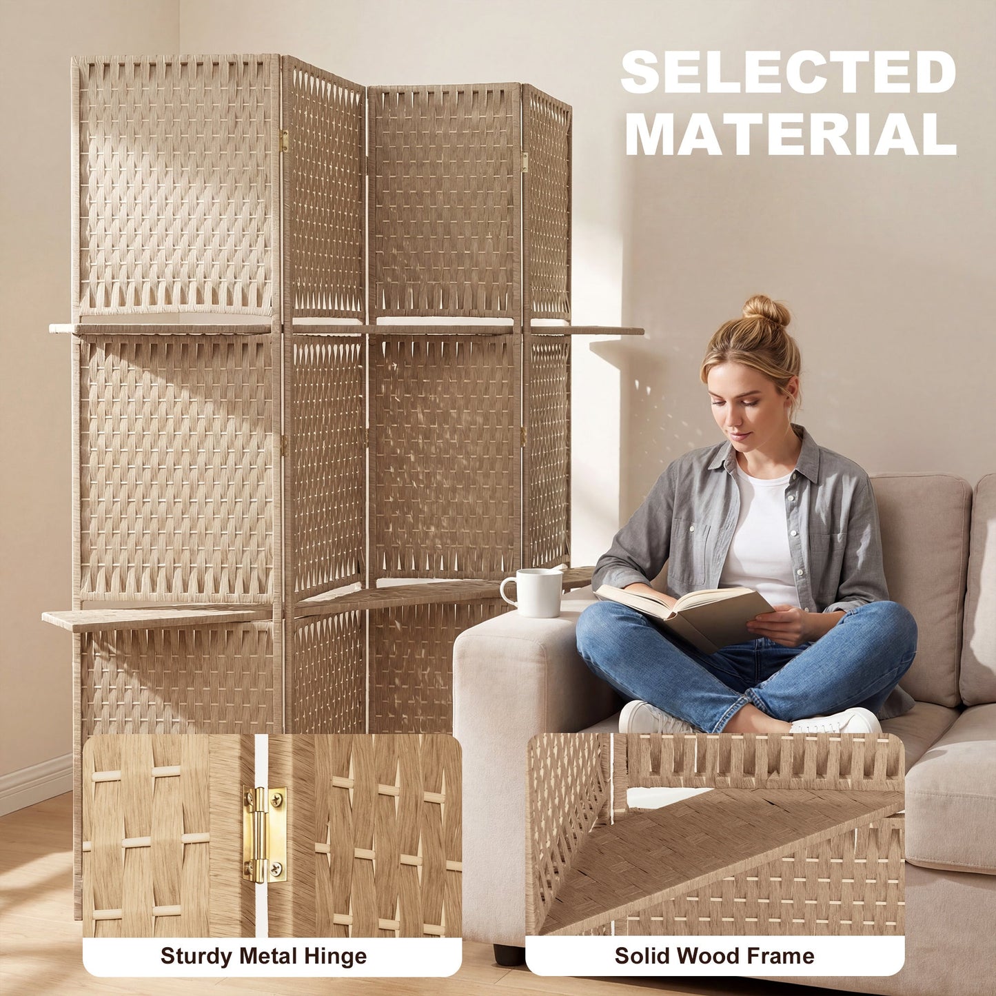 HOMCOM Wave Fibre Freestanding Folding Privacy Screen Panels, Room Divider, Natural Wood Finish