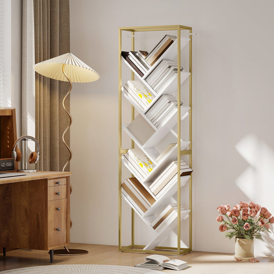 Modern-style bookshelf in a home office setting with books and a lamp