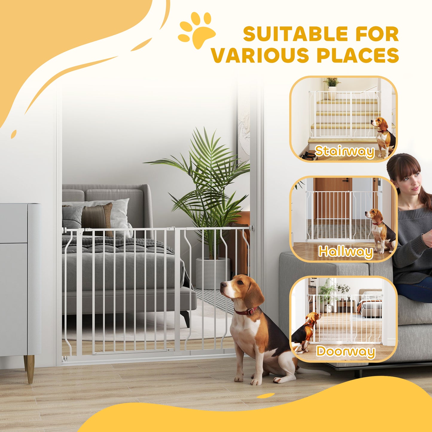 PawHut Wide Dog Safety Gate, with Door Pressure, for Doorways, Hallways, Staircases - White