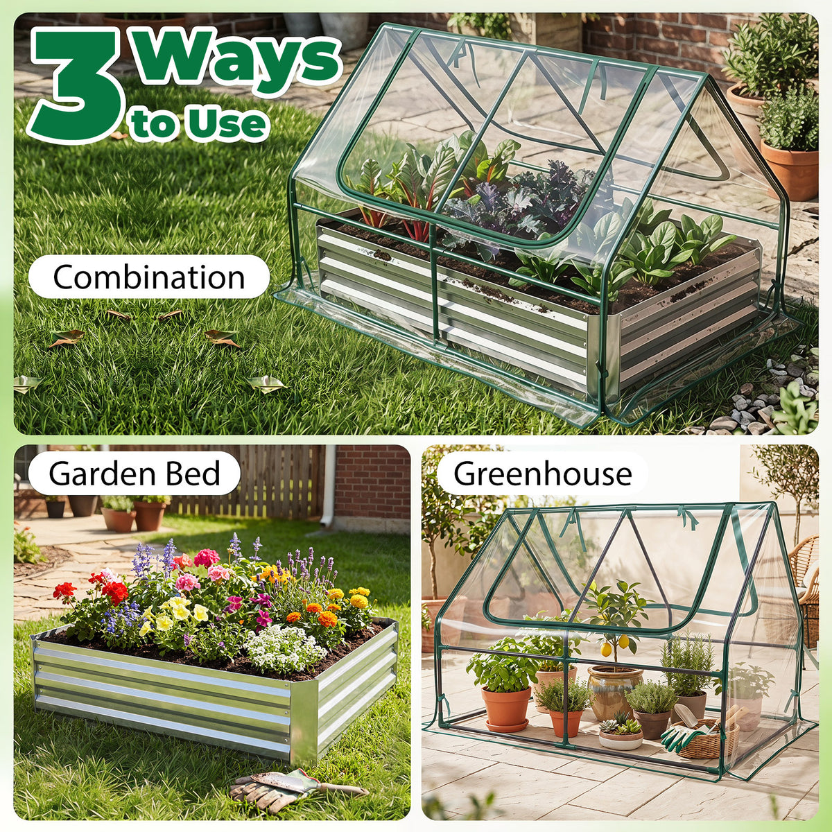 Raised Garden Bed with 2 Large Screen Windows for Flowers Vegetables-Silver