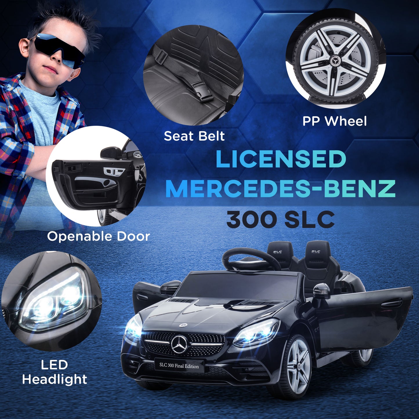 HOMCOM Benz SLC 300 Licensed 12V Kids Electric Ride On, with Music, Remote Control, LED Headlights, Horn, Black
