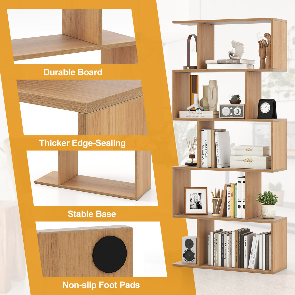 Geometric S-Shaped Bookcase with Anti-Toppling Device for Living Room Home Office-Natural