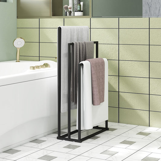 HOMCOM Freestanding Towel Rack, Steel Towel Rail Holder with 3 Bars, Black