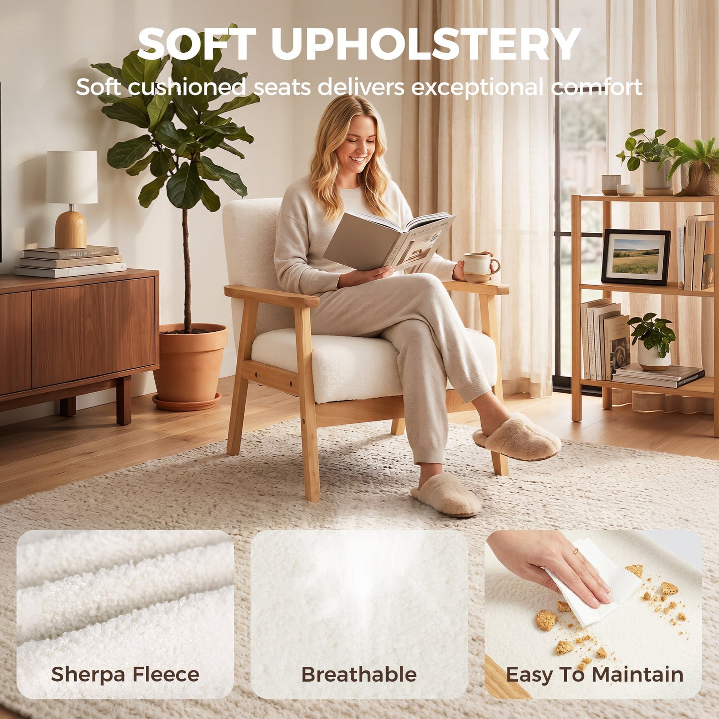 HOMCOM Modern Armchair, Sherpa Fleece Upholstered Accent Chair with Solid Wood Legs and Wide Seat, Cream White
