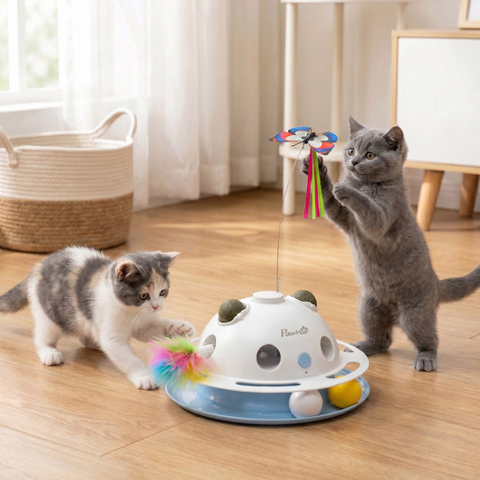 PawHut 4-in-1 Interactive Cat Toys for Indoor Cats Adult with Spinning Butterfly, Shooting Feathers & Catnip Balls