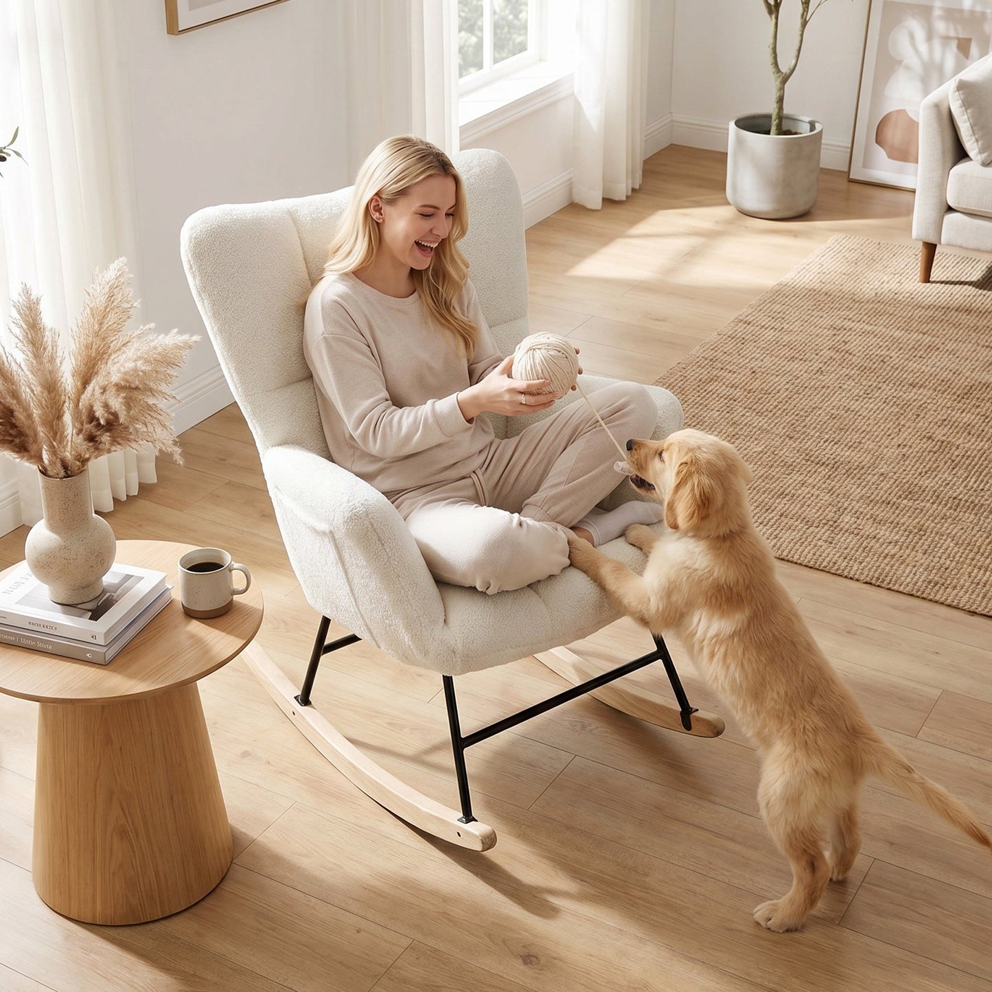 HOMCOM Rocking Chair, Teddy Fleece Rocker Chair with Tufted Wingback, Side Pockets, Rubber Wood Legs, Cream White
