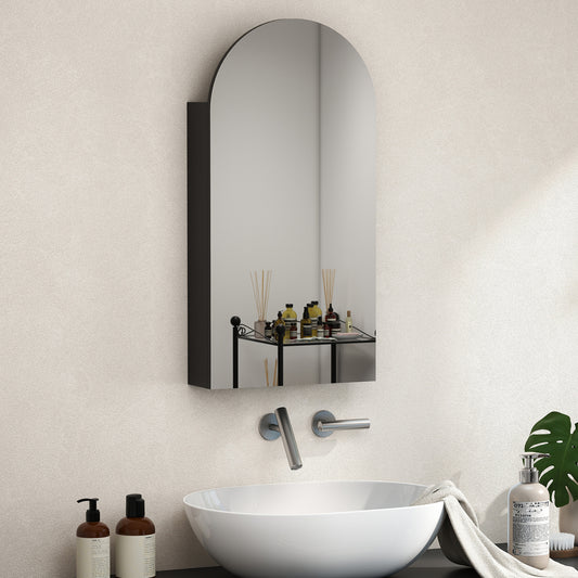 HOMCOM Arched Bathroom Mirror Cabinet with Adjustable Glass Shelves in Black